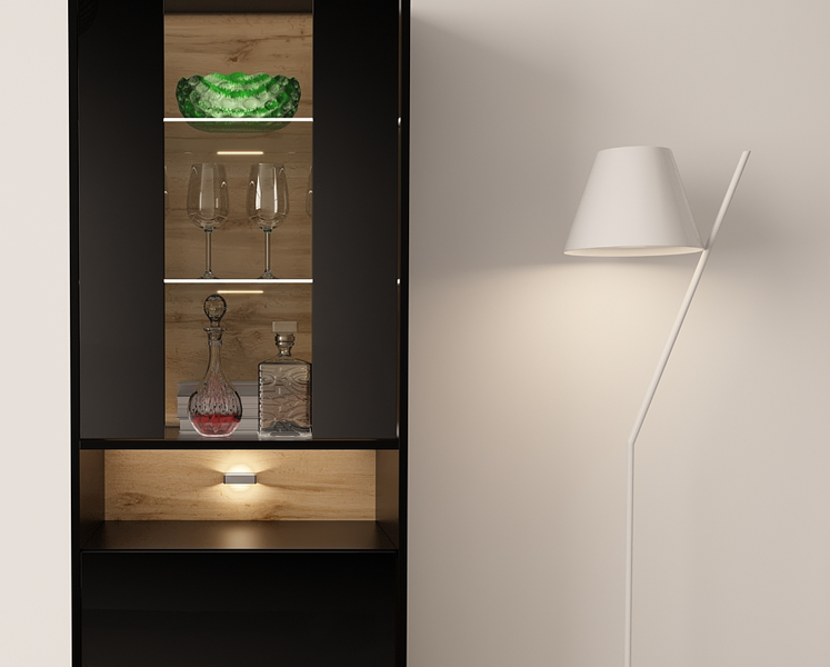 VISION-04 - Witryna 2D z Oświetleniem LED Czarny Mat Dąb Wotan Mat Czarny Połysk