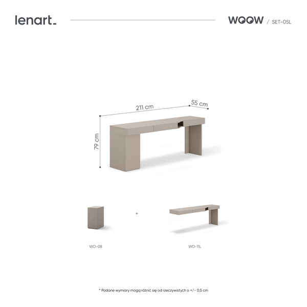 WOOW SET-WOS5L - Zestaw Kontenerek i Biurko Lewe Szampański/Dąb Vincenza Bielona/Clay Grey