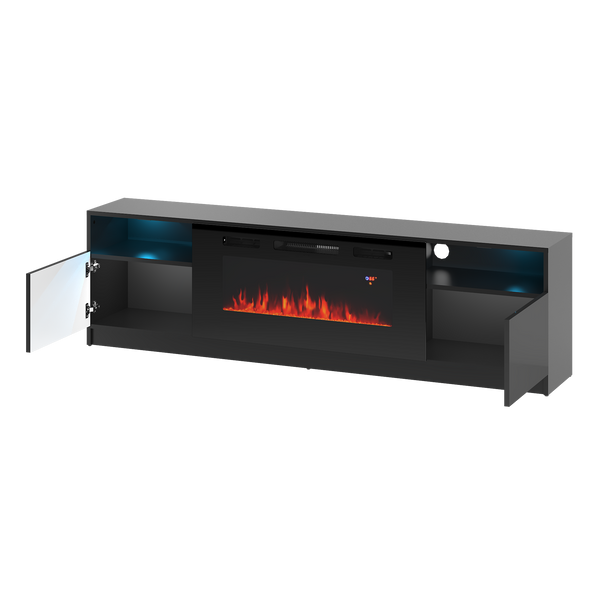 YORK-02 - Komoda RTV 2D z LED i Kominkiem Czarny Mat Czarny Połysk