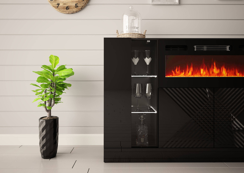 DIUNA-01 - Komoda 4D z Oświetleniem LED i Kominkiem Elektrycznym Czarny Mat Czarny Połysk