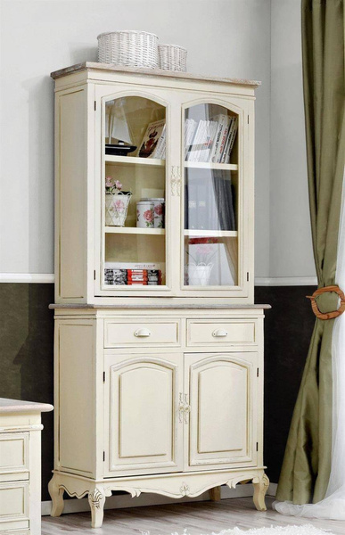 Rimini 01 Kredens 4D/2S prowansalski kremowy beżowy blat szklane drzwi drewno/mdf półki