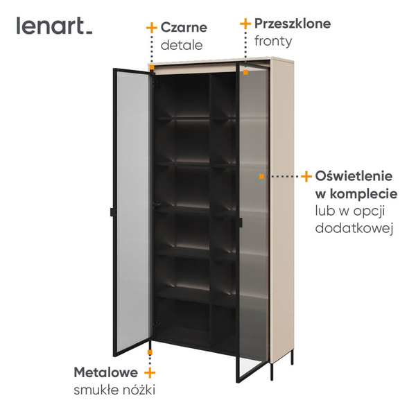 TREND TR-07 - Witryna 2-drzwiowa Z Oświetleniem Beż Piaskowy/Czarny