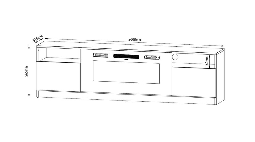 YORK-02 - Komoda RTV 2D z LED i Kominkiem Czarny Mat Czarny Połysk