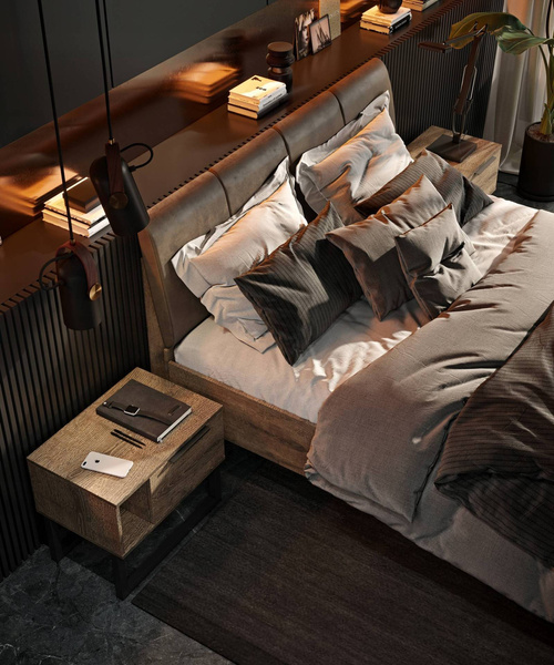 Quadro KV-38-OF - Łóżko Metalowe Loft Miękki Zagłówek Dąb Frigate 180x200 cm