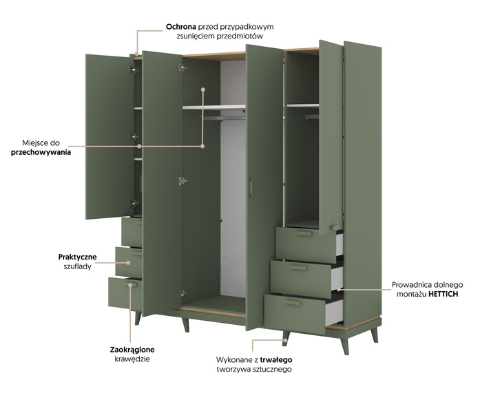 Scandi - Szafa 4D6S Zgaszona Zieleń Dąb Olejowany