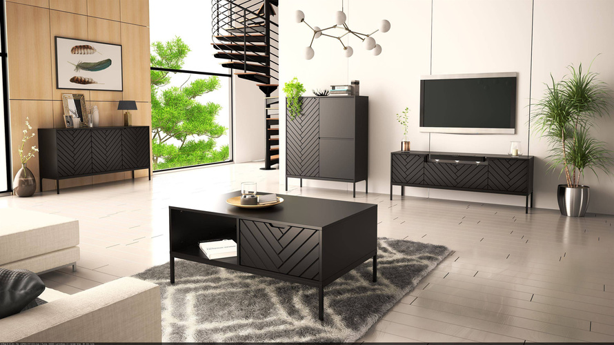 ASPEN-06 - Komoda RTV 3D z Soundbarem JBL i Oświetleniem LED Czarny Mat Czarny Stelaż