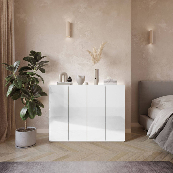 EASY EA-02 - Komoda 4-drzwiowa z Oświetleniem LED Biały Połysk/Dąb Scandi