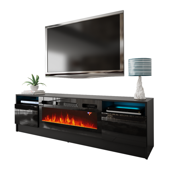 DUKE-01 - Komoda RTV 2D z Oświetleniem LED i Kominkiem Elektrycznym Czarny Mat Czarny Połysk