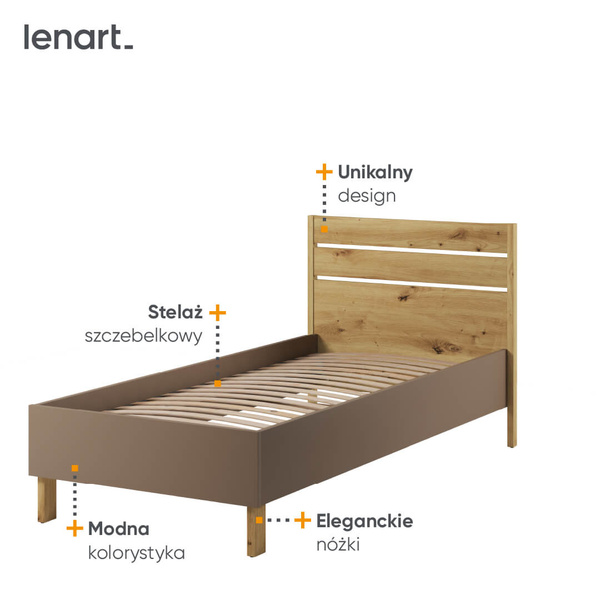 LENNY LY-10 - Łóżko 90 cm Ze Stelażem Dąb Artisan/Beż/Truflowe
