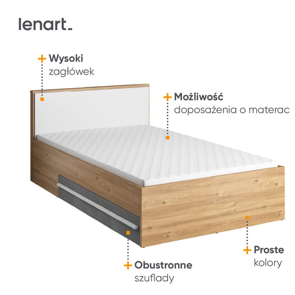 PLANO PN-10 - Łóżko 120 cm 2S ze Stelażem Dąb Nash/Białe/Beton