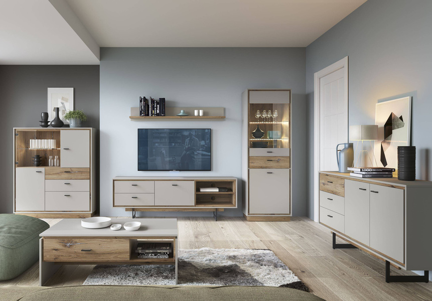 Rivero RIVK01 - Komoda 2D3S Szary/Dąb Flagstaff Ciemny