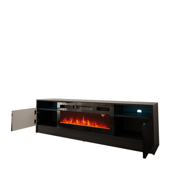 DUKE-01 - Komoda RTV 2D z Oświetleniem LED i Kominkiem Elektrycznym Czarny Mat Czarny Połysk