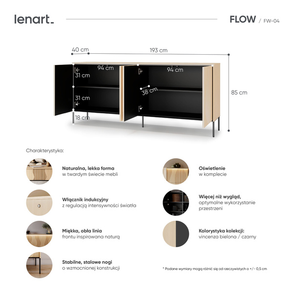 FLOW FW-04 - Komoda 4D z Oświetleniem Dąb Vincenza Bielona Czarny Mat