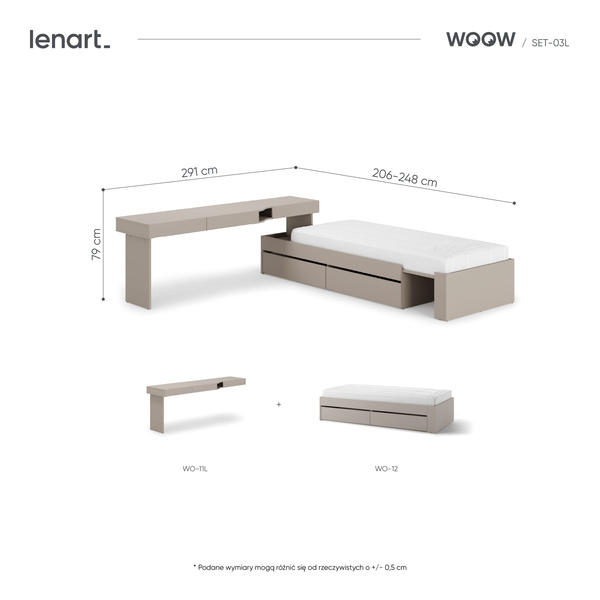 WOOW SET-WOS3L - Zestaw Biurko Lewe i Łóżko Szampański/Dąb Vincenza Bielona/Clay Grey
