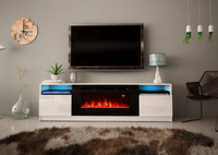 YORK-02 - Komoda RTV 2D z LED i Kominkiem Biały Mat Biały Połysk