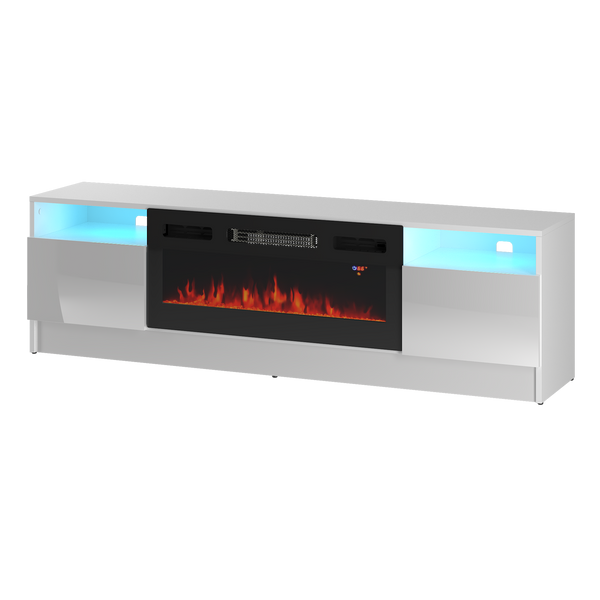 DUKE-01 - Komoda RTV 2D z Oświetleniem LED i Kominkiem Elektrycznym Biały Mat Biały Połysk