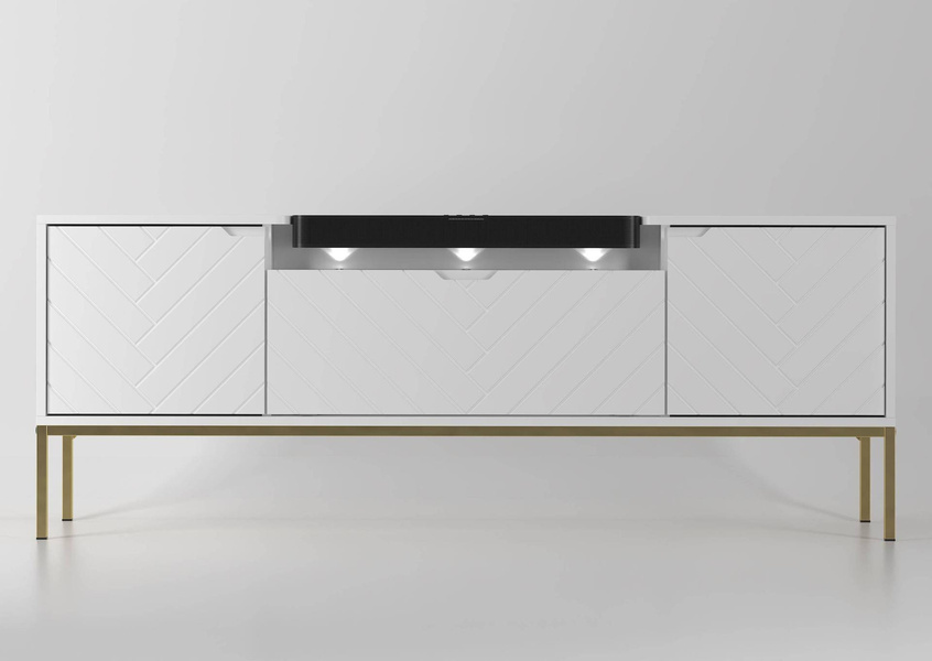 ASPEN-06 - Komoda RTV 3D z Soundbarem JBL i Oświetleniem LED Biały Mat Złoty Stelaż