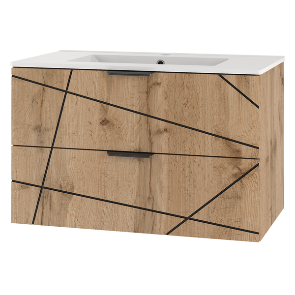 WOOD-01 - Szafka z Umywalką 2S 80cm Dąb Wotan Zestaw-3