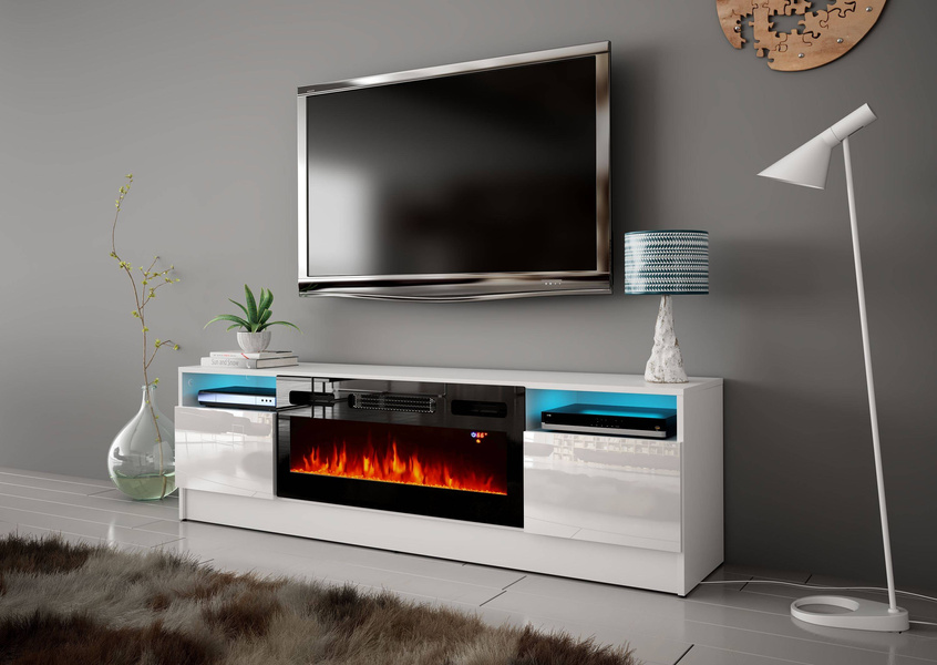 DUKE-01 - Komoda RTV 2D z Oświetleniem LED i Kominkiem Elektrycznym Biały Mat Biały Połysk