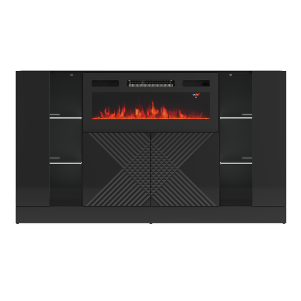 DIUNA-01 - Komoda 4D z Oświetleniem LED i Kominkiem Elektrycznym Czarny Mat Czarny Połysk