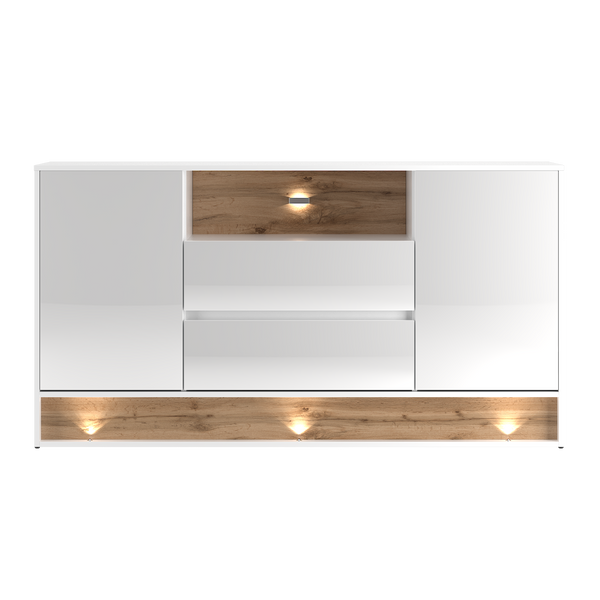 VISION-02 - Komoda 2D2S z Oświetleniem LED Biały Mat Dąb Wotan Mat Biały Połysk