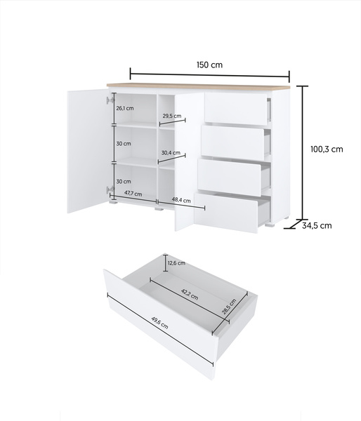 Modo - Komoda 2D4S Biały Mat Dąb Mauvella