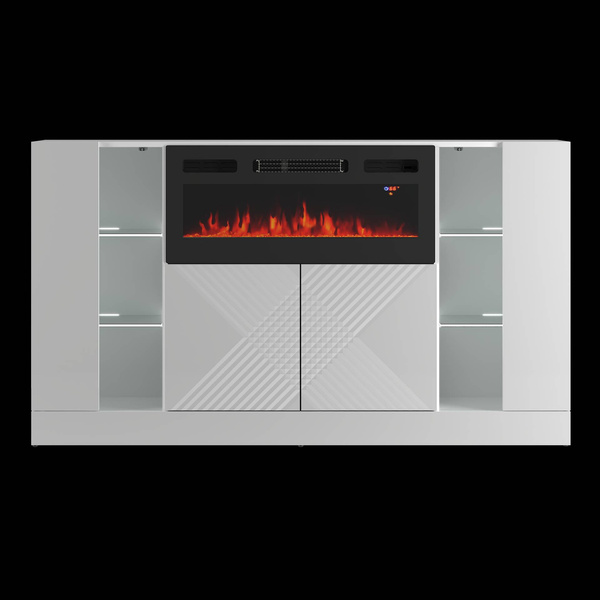 DIUNA-01 - Komoda 4D z Oświetleniem LED i Kominkiem Elektrycznym Biały Mat Biały Połysk