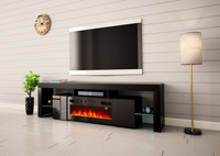 SOLEO-01 - Komoda RTV 2D z Oświetleniem LED i Kominkiem Elektrycznym Czarny Mat Czarny Połysk