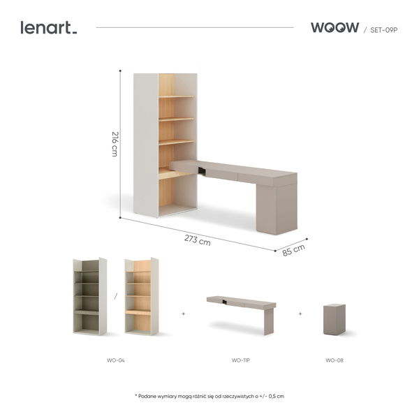 WOOW SET-WOS9PVB - Zestaw Kontenerek i Biurko Prawe/Regał Szampański/Dąb