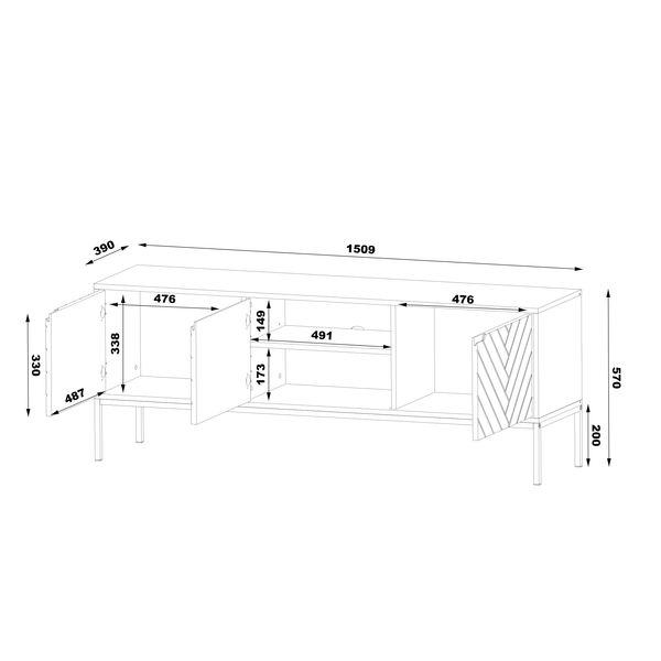 ASPEN-01 - Komoda RTV 3-drzwiowa Czarny Mat Czarny Stelaż