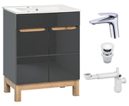 Szafka 60 cm Bali Szary z umywalką, baterią i syfonem z korkiem