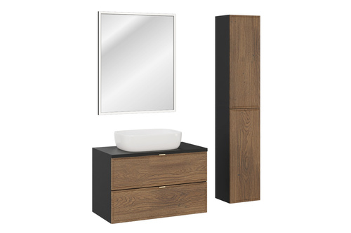 Zestaw Szafka Pod Umywalkę z Blatem 80 cm i Umywalka Nablatowa oraz Lustro LED i 2 Półsłupki Talia Casella Czarny Mat