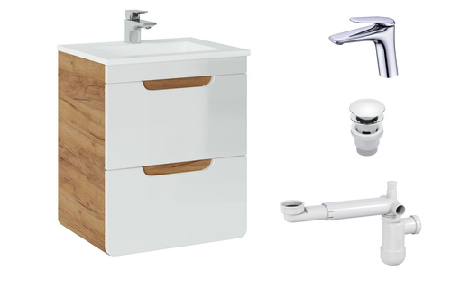 Szafka 50 cm Aruba White z Umywalką, Baterią i Syfonem z Korkiem