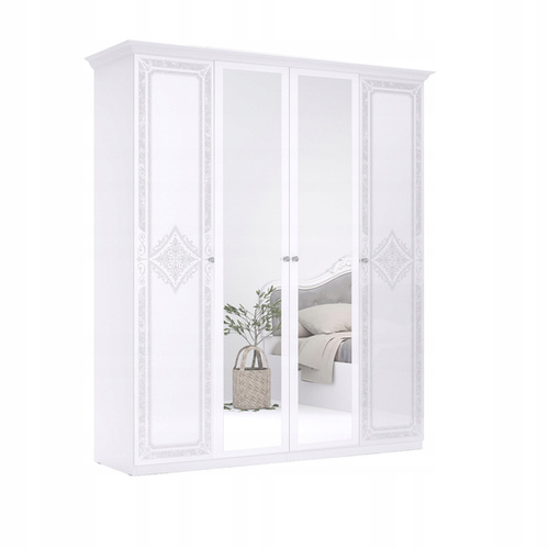 Luiza LZ-14-WB - Szafa 4-drzwiowa z Lustrem Biały Mat Biały Połysk z Nadrukiem