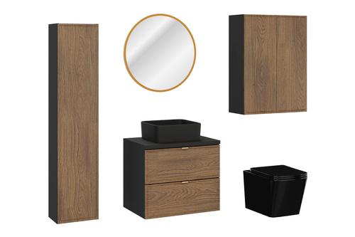 Zestaw Szafka z Blatem 60 cm i Umywalka Nablatowa oraz Słupek Wysoki 2 Półsłupki Lustro i Sedes Talia Casella Czarny Mat