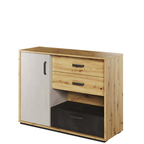 QUBIC QB-07 - Komoda 1D3S Dąb Artisan/Stal/Silk Flou