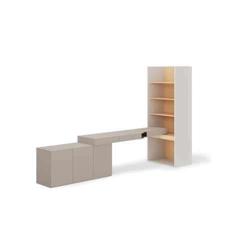 WOOW SET-WOS8LVB - Zestaw Komoda i Biurko Lewe/Regał Szeroki Szampański/Dąb Vincenza Bielona/Clay Grey