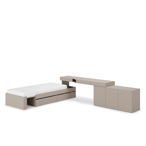 WOOW SET-WOS1P - Zestaw Komoda/ Biurko Prawe i Łóżko Szampański/Dąb Vincenza Bielona/Clay Grey