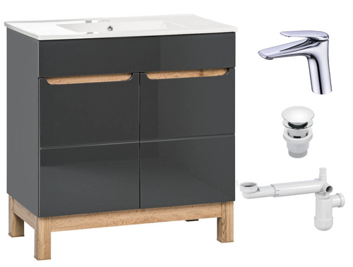 Szafka 80 cm Bali Szary z umywalką, baterią i syfonem z korkiem