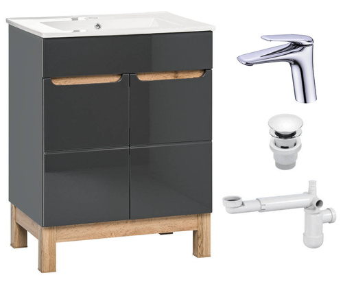 Szafka 60 cm Bali Szary z umywalką, baterią i syfonem z korkiem
