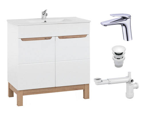 Szafka 80 cm Bali Biały z umywalką, baterią i syfonem z korkiem