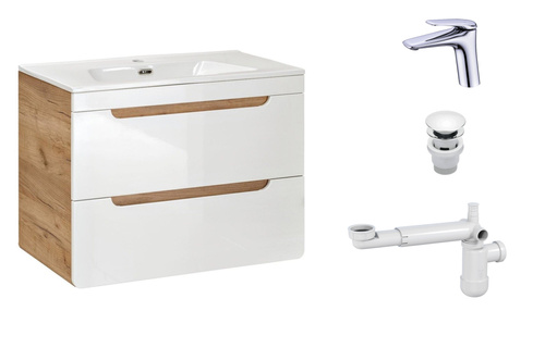 Szafka 80 cm Aruba White z Umywalką, Baterią i Syfonem z Korkiem
