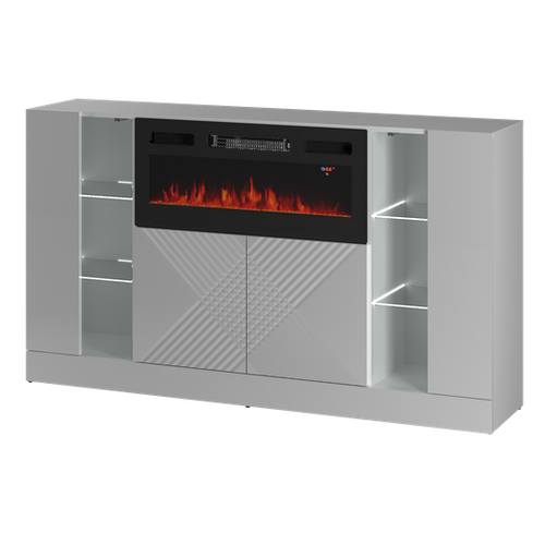 DIUNA-01 - Komoda 4D z Oświetleniem LED i Kominkiem Elektrycznym Biały Mat Biały Połysk