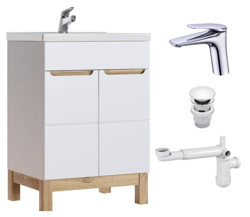 Szafka 60 cm Bali Biały z umywalką, baterią i syfonem z korkiem