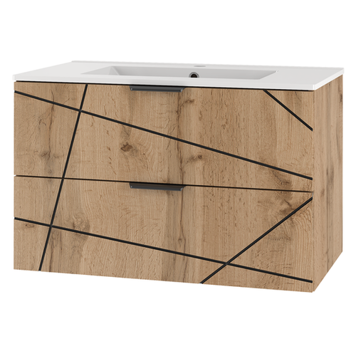 WOOD-01 - Szafka z Umywalką 2S 80cm Dąb Wotan Zestaw-3