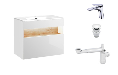 Szafka 80 cm Bahama White z Umywalką, Baterią i Syfonem z Korkiem