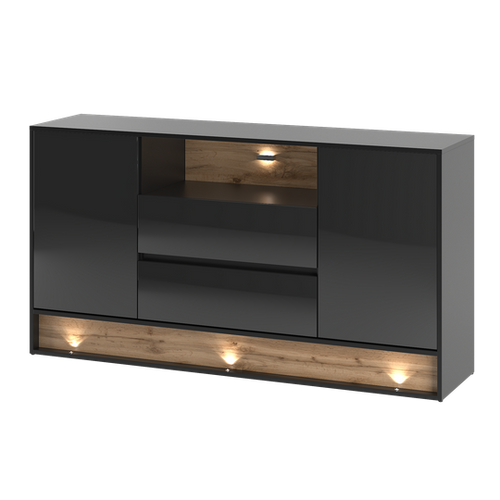 VISION-02 - Komoda 2D2S z Oświetleniem LED Czarny Mat Dąb Wotan Mat Czarny Połysk