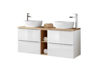 Szafki 60 cm z umywalkami, blatem i szafką niską Capri biały 820 z blatem dębowym