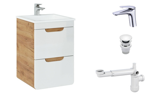 Szafka 40 cm Aruba White z Umywalką, Baterią i Syfonem z Korkiem