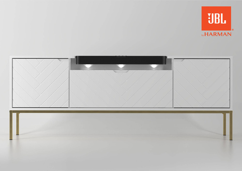 ASPEN-06 - Komoda RTV 3D z Soundbarem JBL i Oświetleniem LED Biały Mat Złoty Stelaż